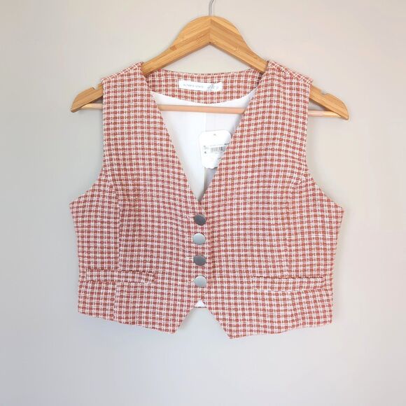 Altar'd State Jackets & Blazers - Altar'd State NWT Check Plaid Micro Vest Rust Button Front Large Preppy Menswear